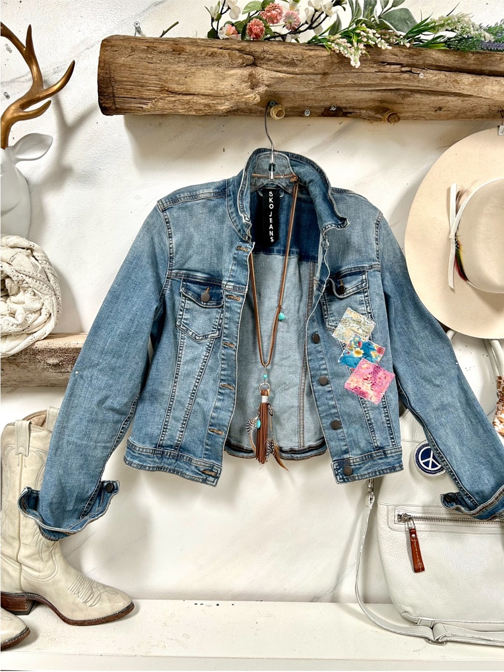 Upcycled quilted patchwork Classic Women's Light Blue Denim Jacket